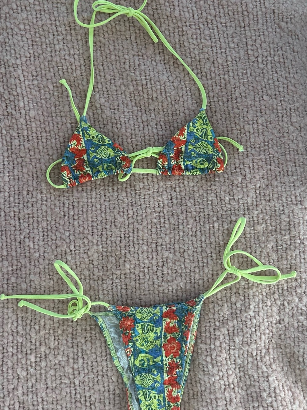 Free People Lime Green Floral Patchwork Tie-Side Bikini Set